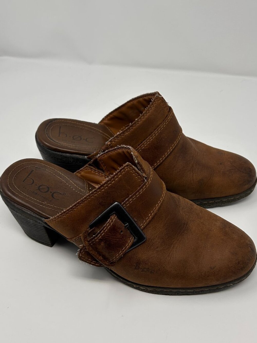 b.o.c. Brown Leather Buckle Mule Clogs Block Heel Comfort Shoes-Size 9
